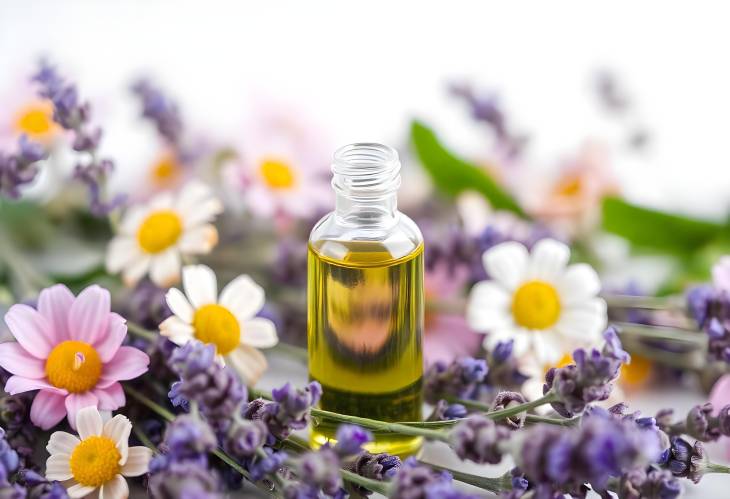 Elegant Lavender Oil with Fresh Floral Background